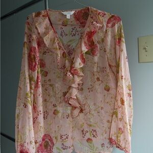 LC Lauren Conrad Cream‎ Tan Ruffled Long Sleeve Blouse